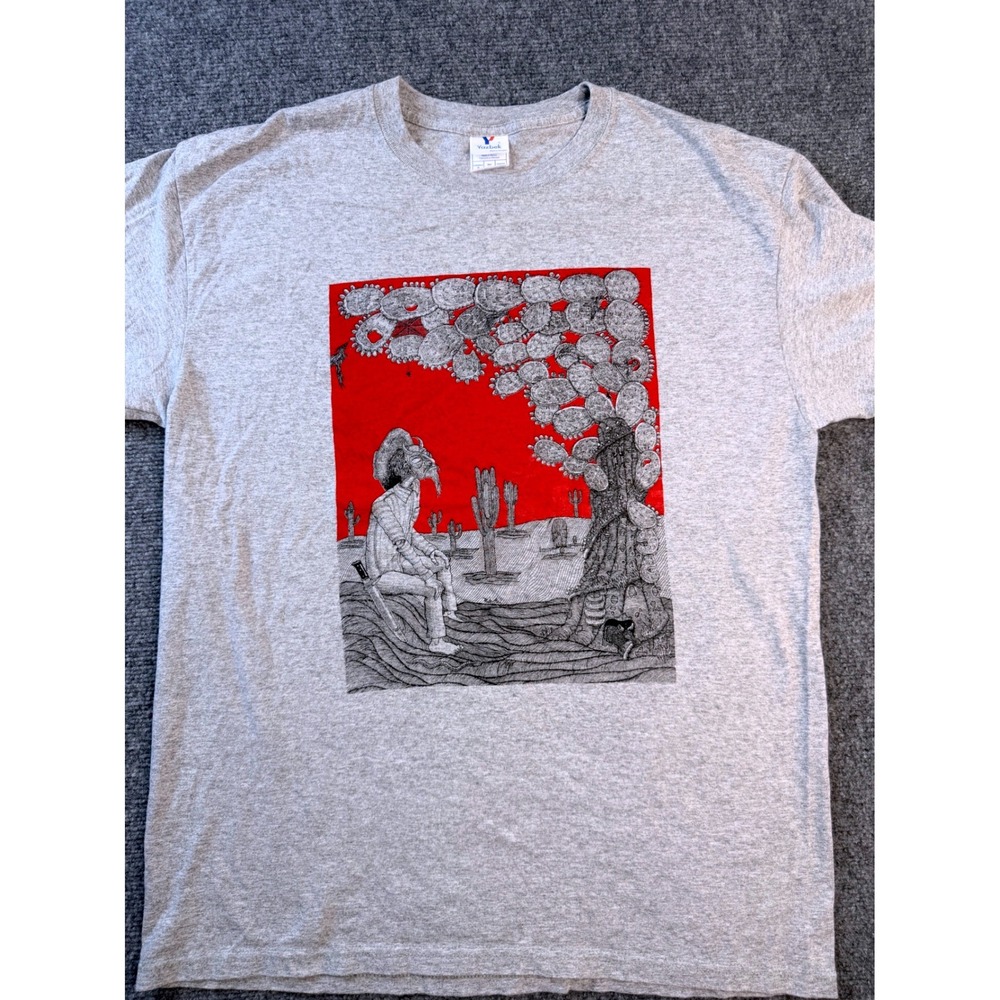 Yazbek Mens Large Heather Grey Graphic Tee Surreal Desert Cactus Art T-Shirt L